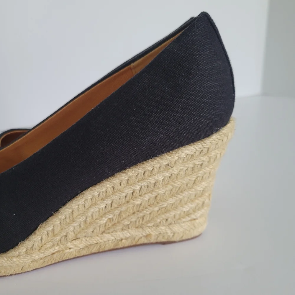 J. Crew Black Canvas Espadrille Wedge Pumps with Natural Jute